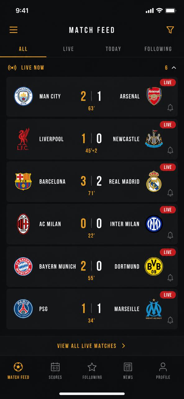 MNB match feed screen showing live scores with LIVE badges
